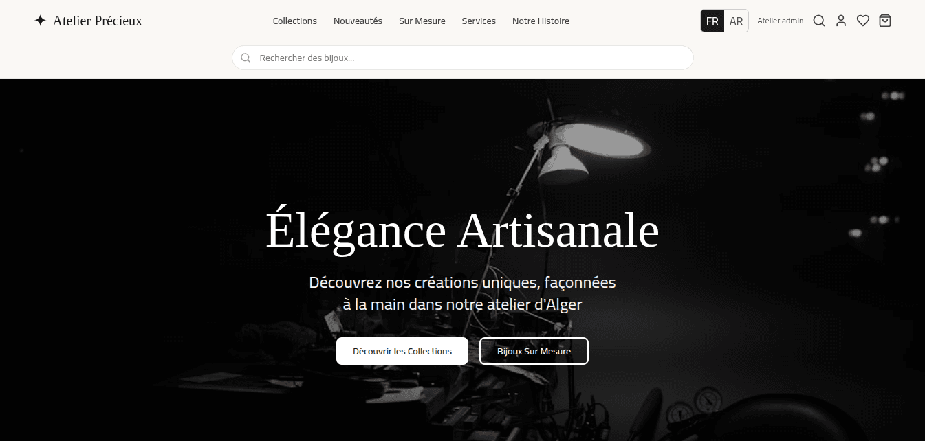 Homepage of Atelier Précieux jewelry boutique website